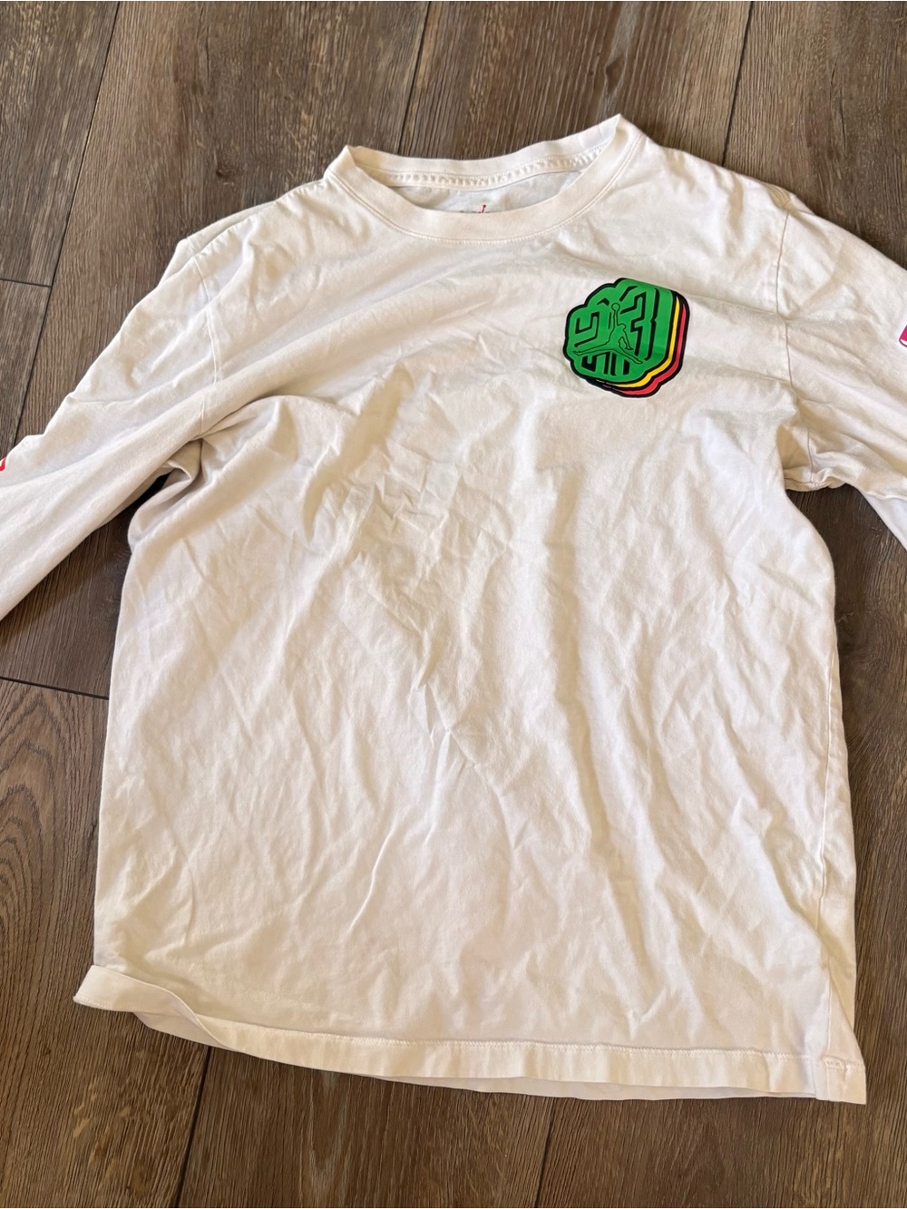 Jordan White Long-Sleeve Tee with Green Chest Logo and Pink Sleeve Graphics